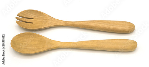 natural wooden spoon, fork (couple) isolated on white background for scooping the food, eating or mix herbles. It put in the kitchen