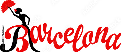 Hand drawn brush calligraphy. City lettering design with silhouette of a girl who dances flamenco. Spain, Barcelona.