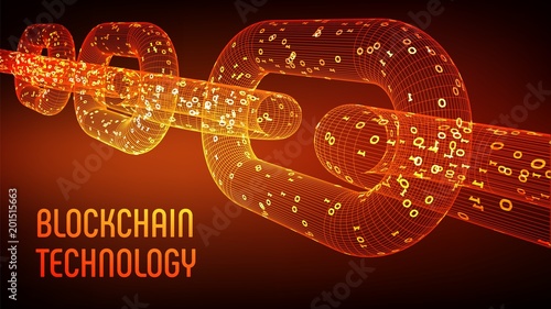 Block chain. Crypto currency. Blockchain concept. 3D wireframe chain with digital code. Editable cryptocurrency template. Stock vector illustration.