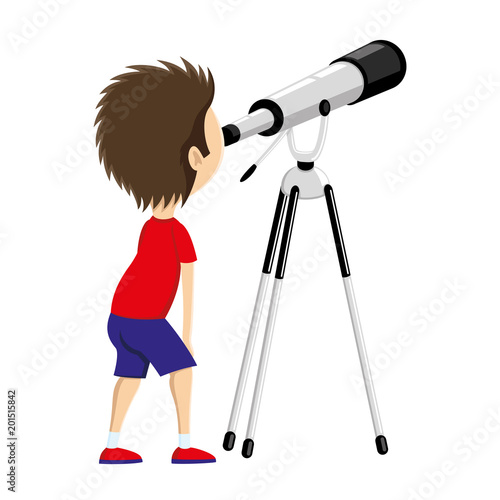 Child observes the stars in a telescope.