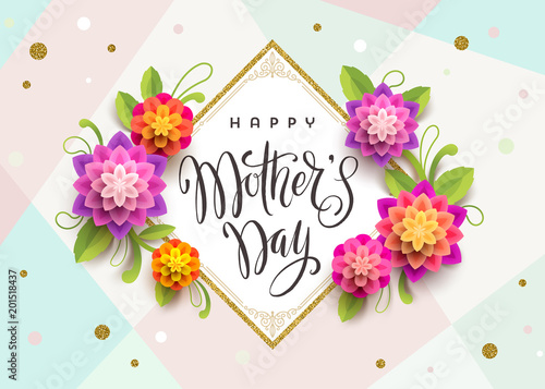 Happy mother's day - Greeting card with brush calligraphy greeting and flowers. Vector illustration.