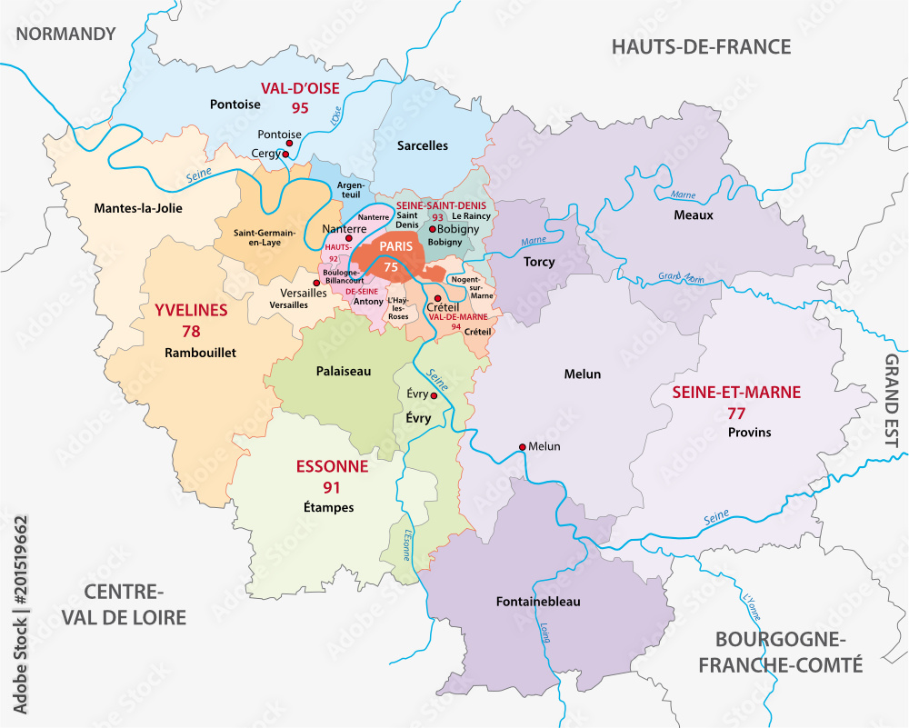new ile de france administrative and political vector map