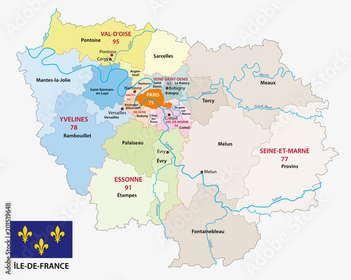 ile de france administrative and political vector map with flag