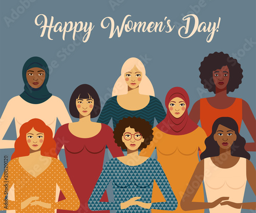 International Women s Day. Female diverse faces of different ethnicity. Vector template with for card, poster, flyer and other users.