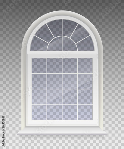 Closed arched window with transparent glass in a white frame. Isolated on a transparent background. Vector