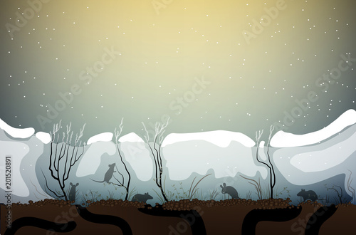 mice life under the snow, animal life in winter weather,