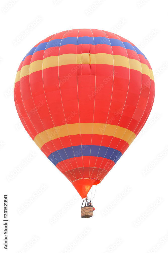 Red Hot Air Balloon with Blue and Yellow Stripes isolated on a White Background Red Hot Air Balloon with Blue and Yellow Stripes isolated on a White Background