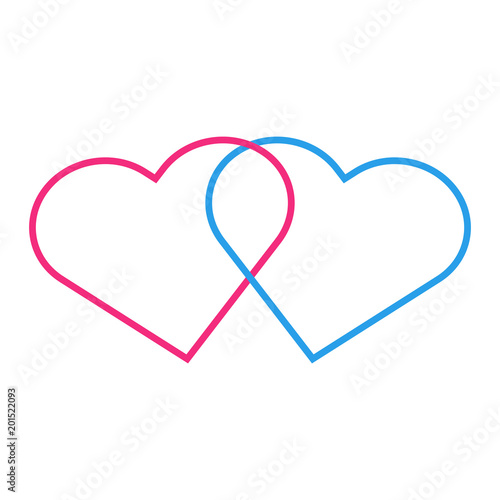 Heterosexual love glyph. Two interlocked female and male hearts. Marriage and wedding symbol. Vector icon.