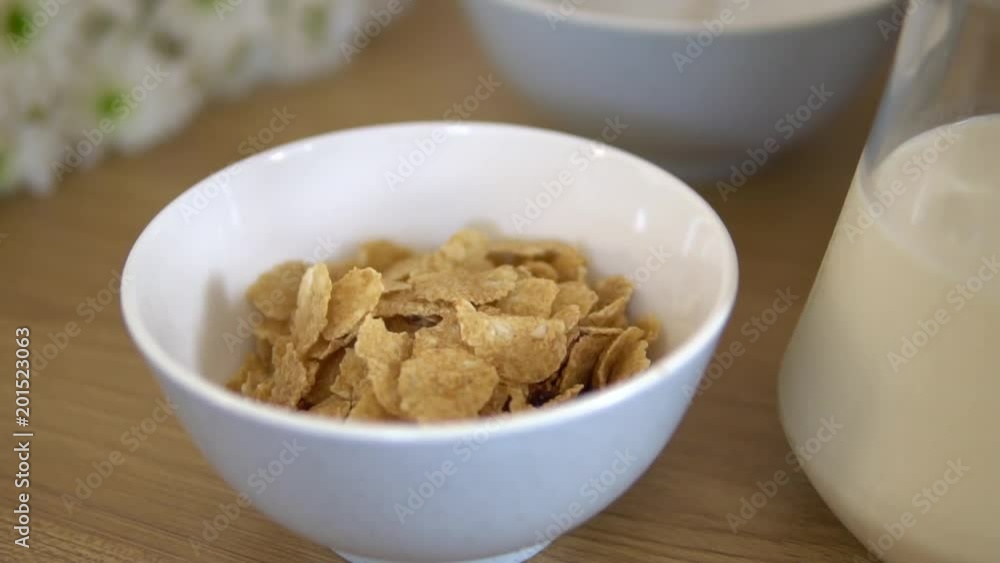 Slow motion closeup falling flakes with dry fruits Slow motion closeup falling flakes with dry fruits