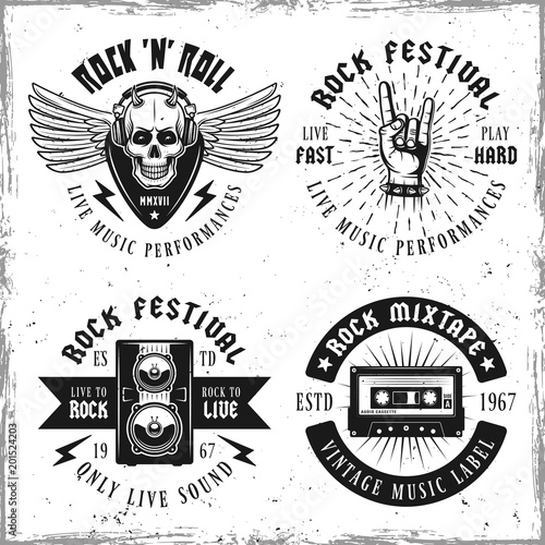 Set of four rock music vector emblems or labels