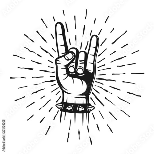 Heavy metal horns hand gesture stamp with rays