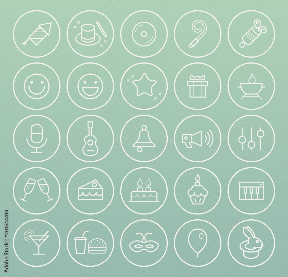 Set of Quality Universal Standard Minimal Simple White Thin Line Party and Birthday Icons on Circles on Color Background Set of Quality Universal Standard Minimal Simple White Thin Line Party and Birthday Icons on Circles on Color Background