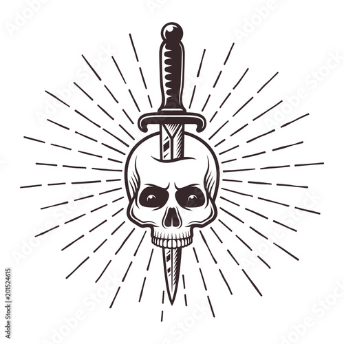 Knife in skull tattoo print with rays illustration
