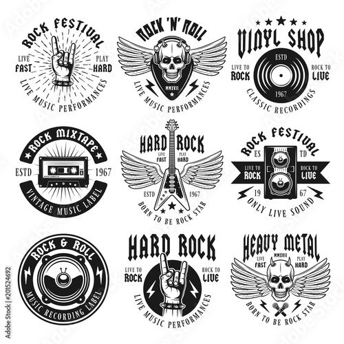 Rock and heavy metal music set of vector emblems