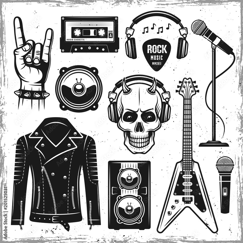 Hard rock and metal music attributes elements Stock Vector | Adobe Stock