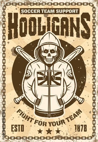 Football hooligan poster with skull in hoodie