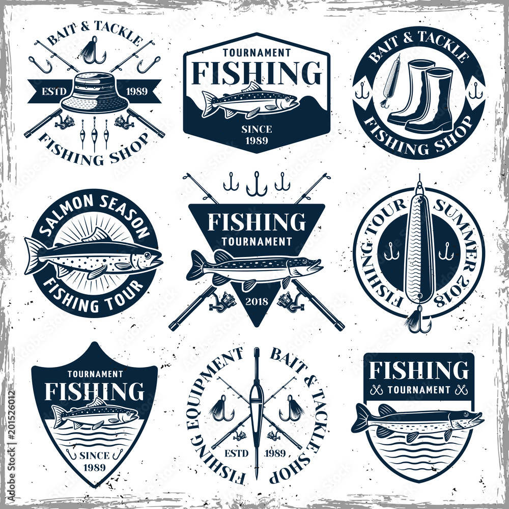 Fototapeta premium Fishing set of nine vector vintage emblems