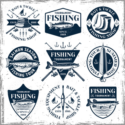 Fishing set of nine vector vintage emblems