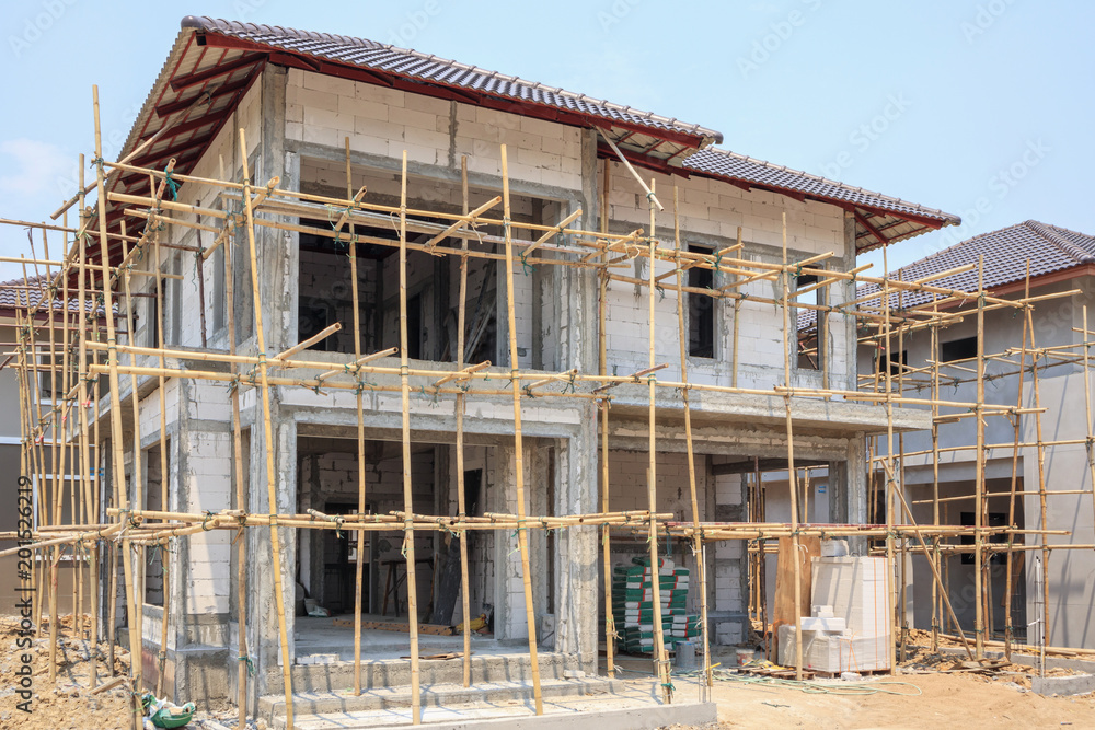 house under construction with autoclaved aerated concrete block structure at building site house under construction with autoclaved aerated concrete block structure at building site