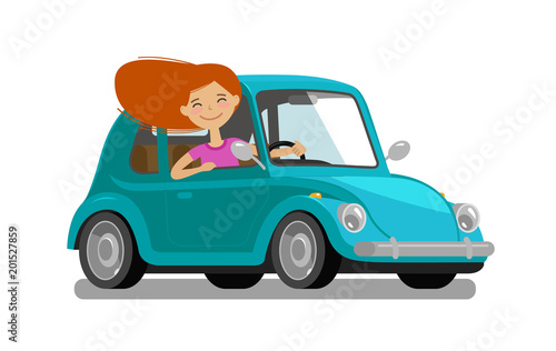 Happy girl rides car. Driving, trip, travel concept. Cartoon vector illustration