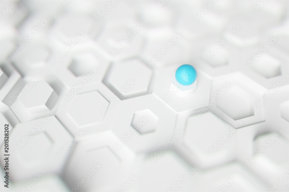 A blue ball on the 3d hexagon background. A blue ball on the 3d hexagon background.