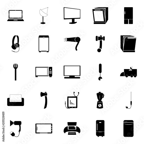 icon Technology with hairdresser, lunch, delivery, food and button