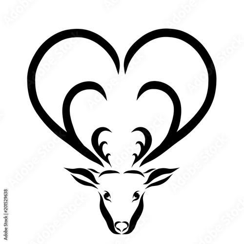 Head of a deer with horns in the shape of a heart  black lines