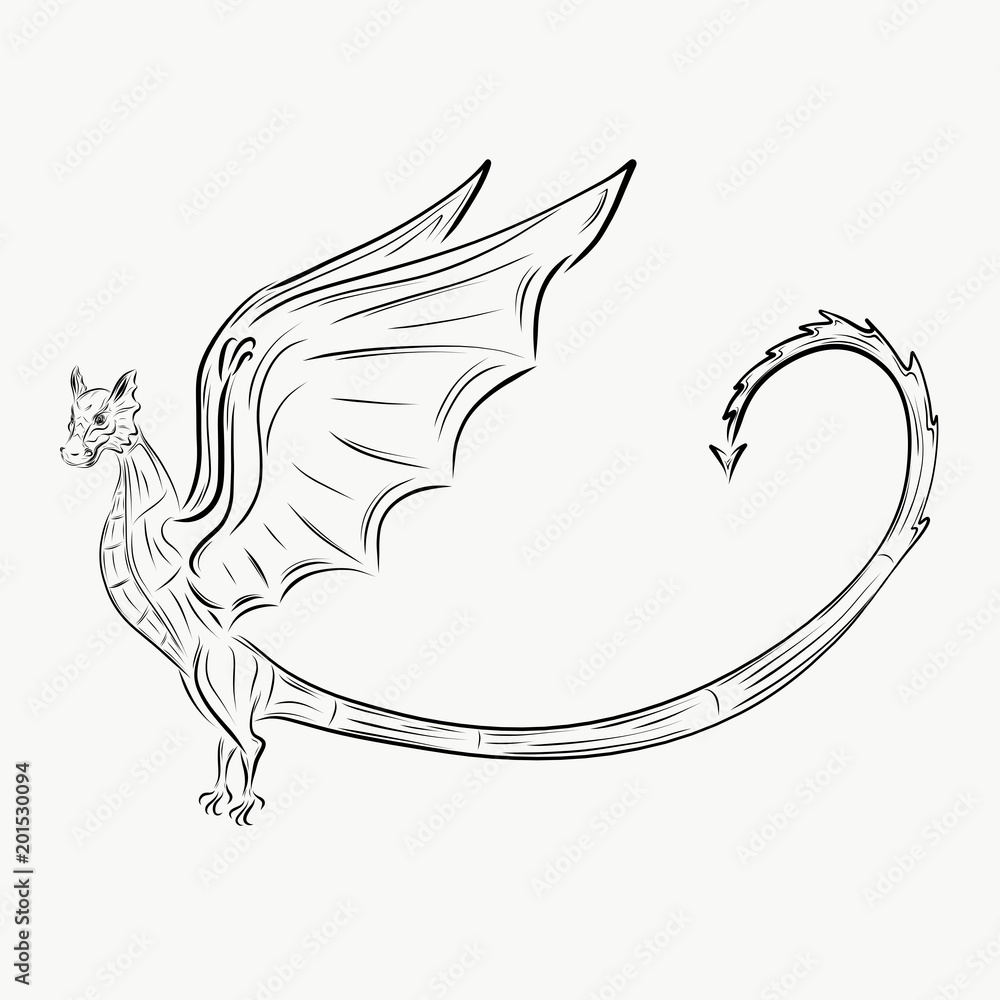 Beautiful dragon with raised wings, black lines