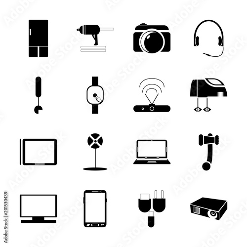 icon Technology with icebox, line dj, cinema, antenna and electronic