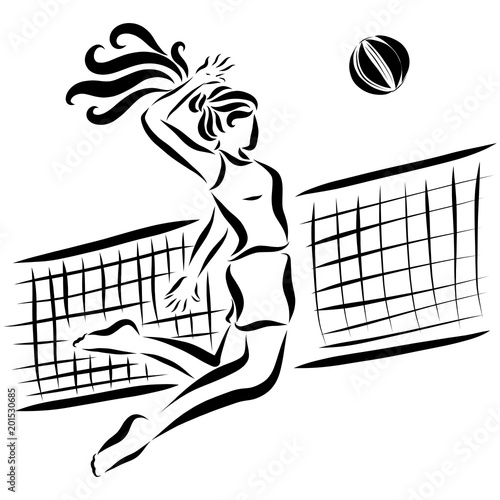 Sports girl throws the ball through a volleyball net