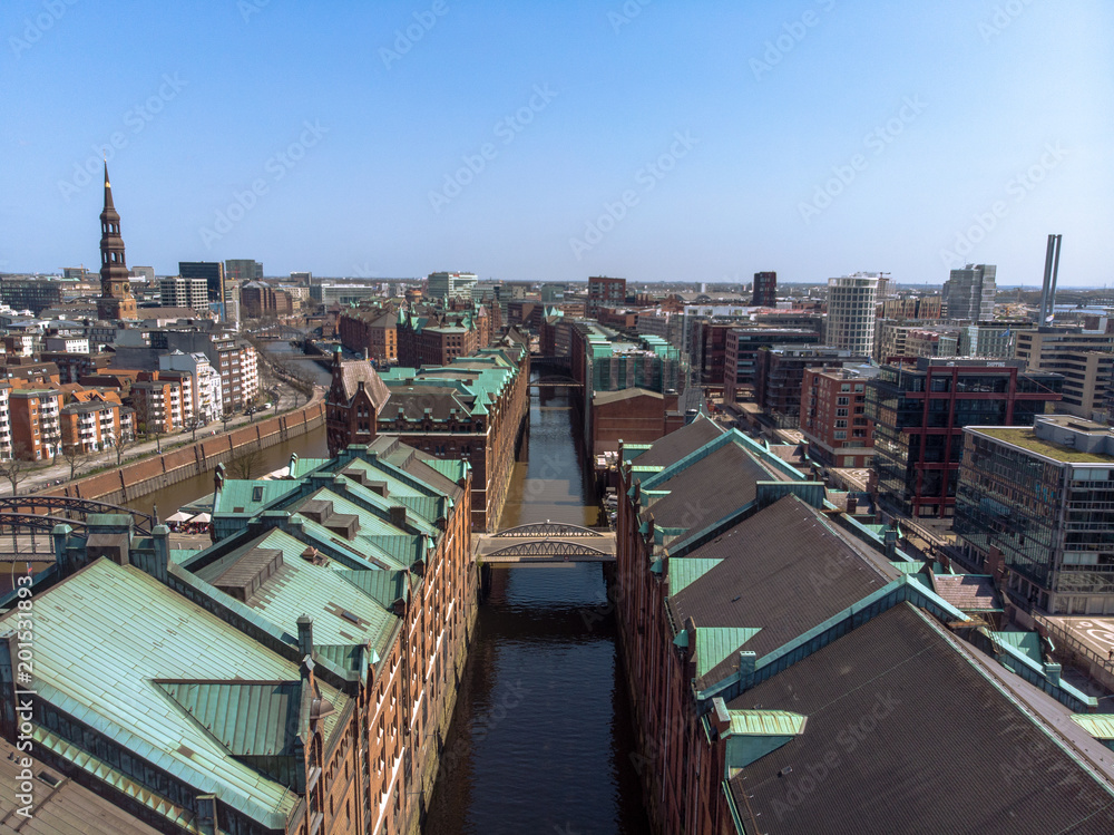 Luftaufnahme der Speicherstadt in Hamburg