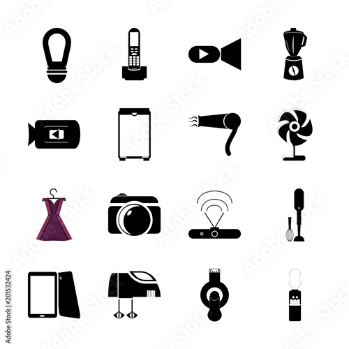 icon Electronic with number, lens, tablet, dishwasher and water