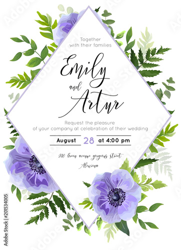 Wedding invite, invitation, save the date card design: violet lavender Anemone poppy flower, green leaves, forest greenery foliage, herbs bouquet and geometrical phombus frame. Vector rustic postcard 