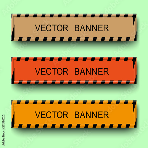 A set of three banners brown, orange and yellow. The banner is made in the form of a plate with black stripes.Green background. Vector illustration.