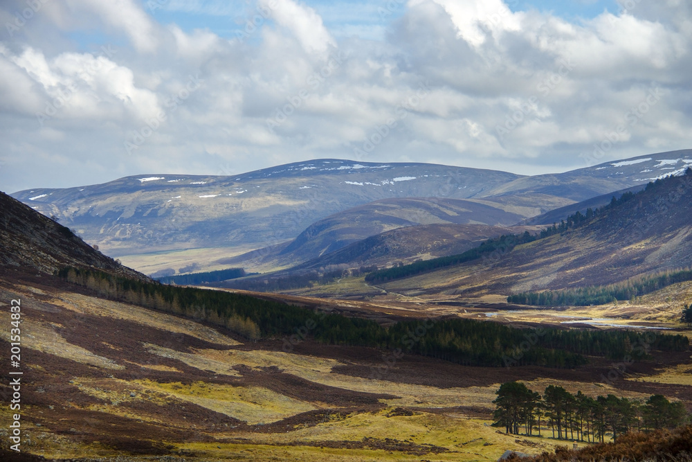 Cairngorm Mountains and route to Mount Keen. Angus, Aberdeenshire, Scotland, UK. April 2018 Cairngorm Mountains and route to Mount Keen. Angus, Aberdeenshire, Scotland, UK. April 2018