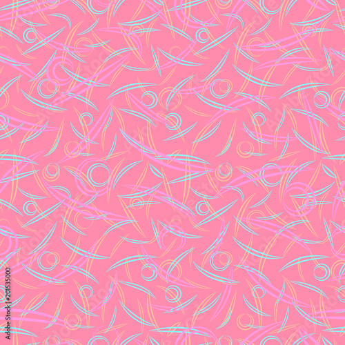 Vector pattern from flowing lines and ellipses in pink and white colors for fabric or decorations.