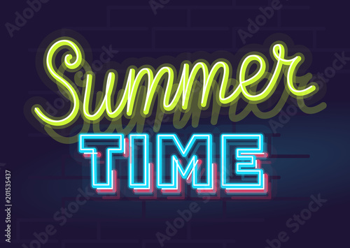 Neon summer icons and font set isolated on brick wall background. For logo, poster, banner. Headline and small condensed uppercase letters.