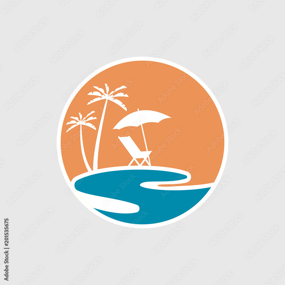 Tropical island with palm and sun. Sunset on evening beach. Emblem of summer vacation with reclining chair and umbrella on island. Vector illustration Tropical island with palm and sun. Sunset on evening beach. Emblem of summer vacation with reclining chair and umbrella on island. Vector illustration