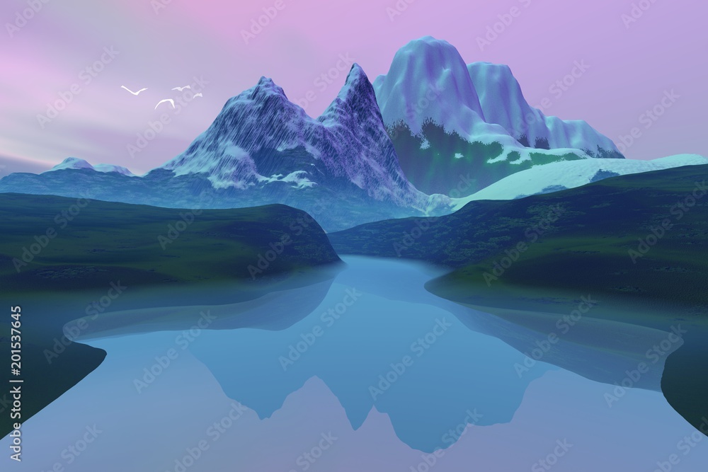 Beautiful lake, an alpine landscape, snowy mountains, birds in the sky and colored clouds.