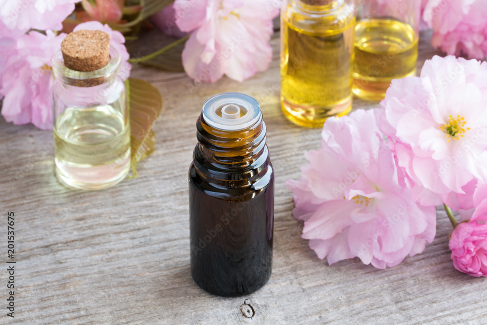 A bottle of essential oil with pink kwanzan cherry blossoms A bottle of essential oil with pink kwanzan cherry blossoms