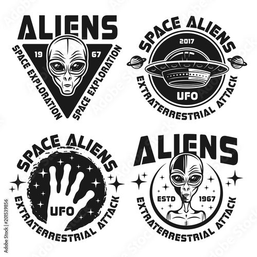 UFO and Aliens vector emblems, labels, badges