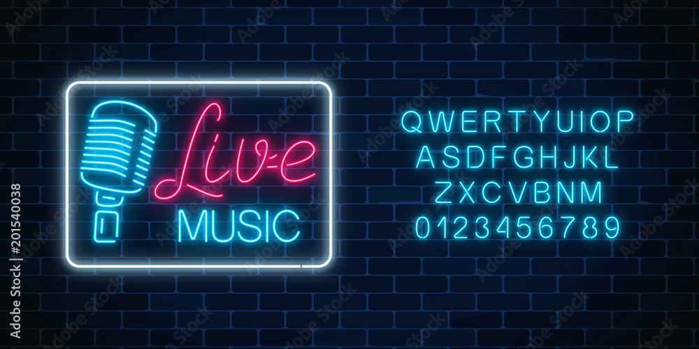 Naklejka premium Neon alphabet and signboard of nightclub with live music. Glowing street sign of bar with karaoke