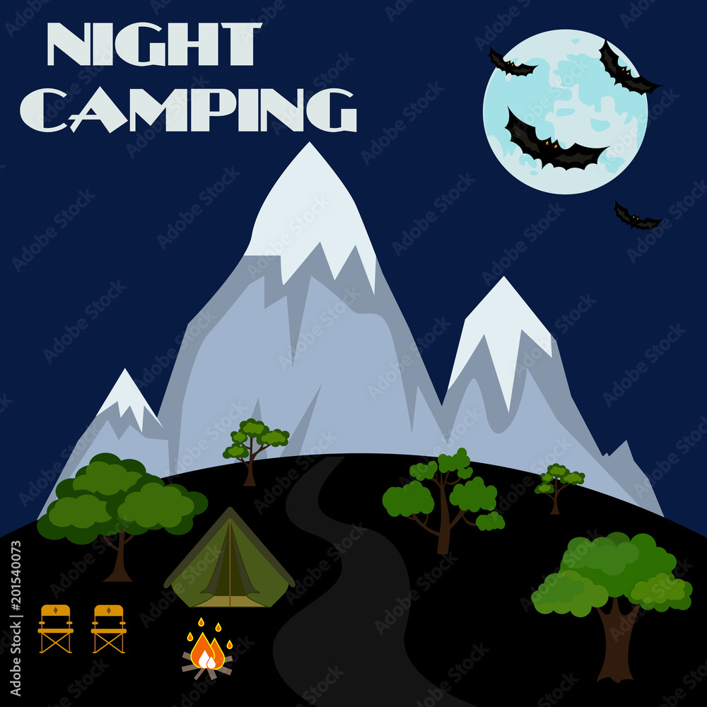 Camp adventure night travel nature tent tourism.