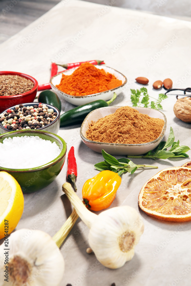 Spices and herbs on table. Food and cuisine ingredients. Spices and herbs on table. Food and cuisine ingredients.