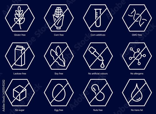 Set ingredient warning label icons. Common allergens gluten, lactose, soy, corn and more , sugar and trans fat, vegetarian and organic symbols.