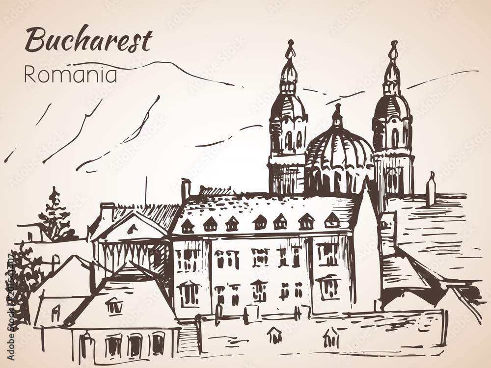 Roofs, buildings, Panoramic street view. Sketch. Bucharest, Romania.