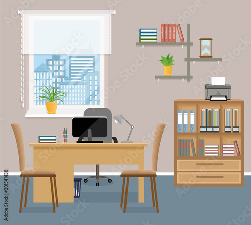 Office room interior design with furniture and window without people. Working indoor room workspace.