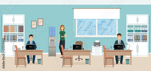 Two businessmen sitting on working places in office and woman standing by the cooler.