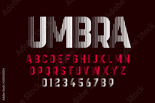 Modern font with shadow effect, alphabet and numbers