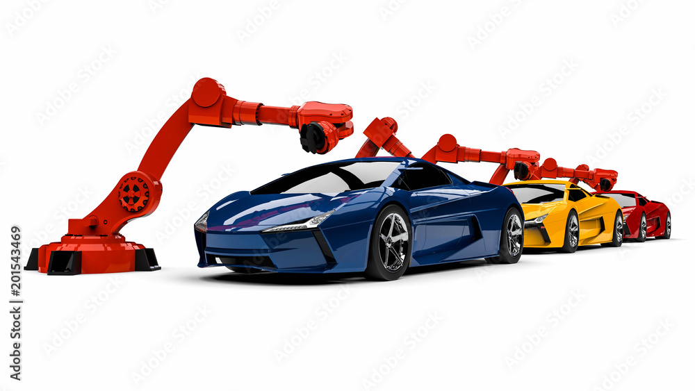 automotive robots / 3D render image representing a line of super cars with automotive robots automotive robots / 3D render image representing a line of super cars with automotive robots
